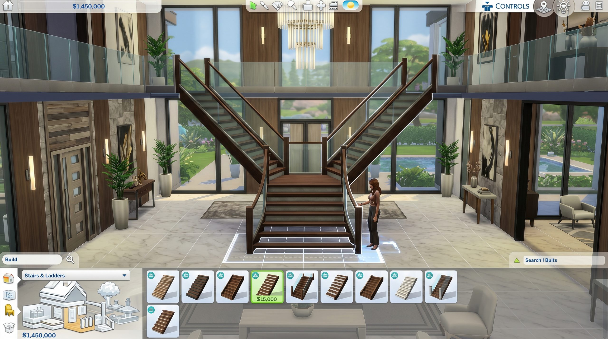 Placing flared stairs in The Sims 4 luxury mansion build mode with wide entrance design