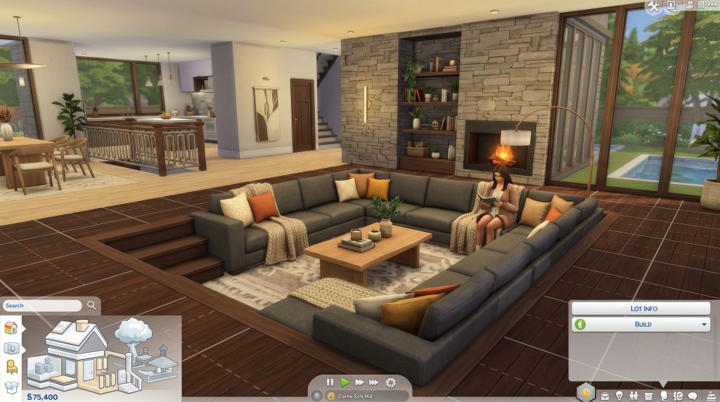 Sunken living room design in The Sims 4 split-level house