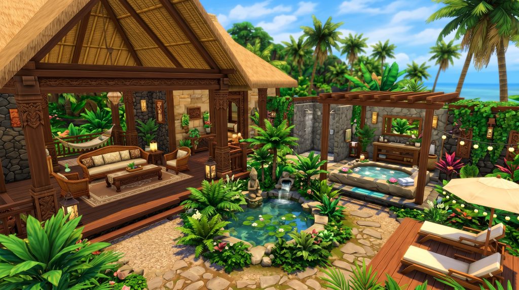 Bali-inspired tropical villa with spa-inspired design and lush landscaping in The Sims 4.