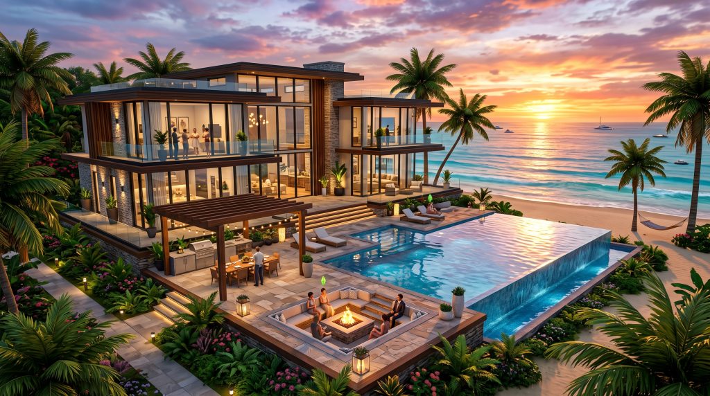 Luxury beach mansion with outdoor entertainment spaces in The Sims 4.