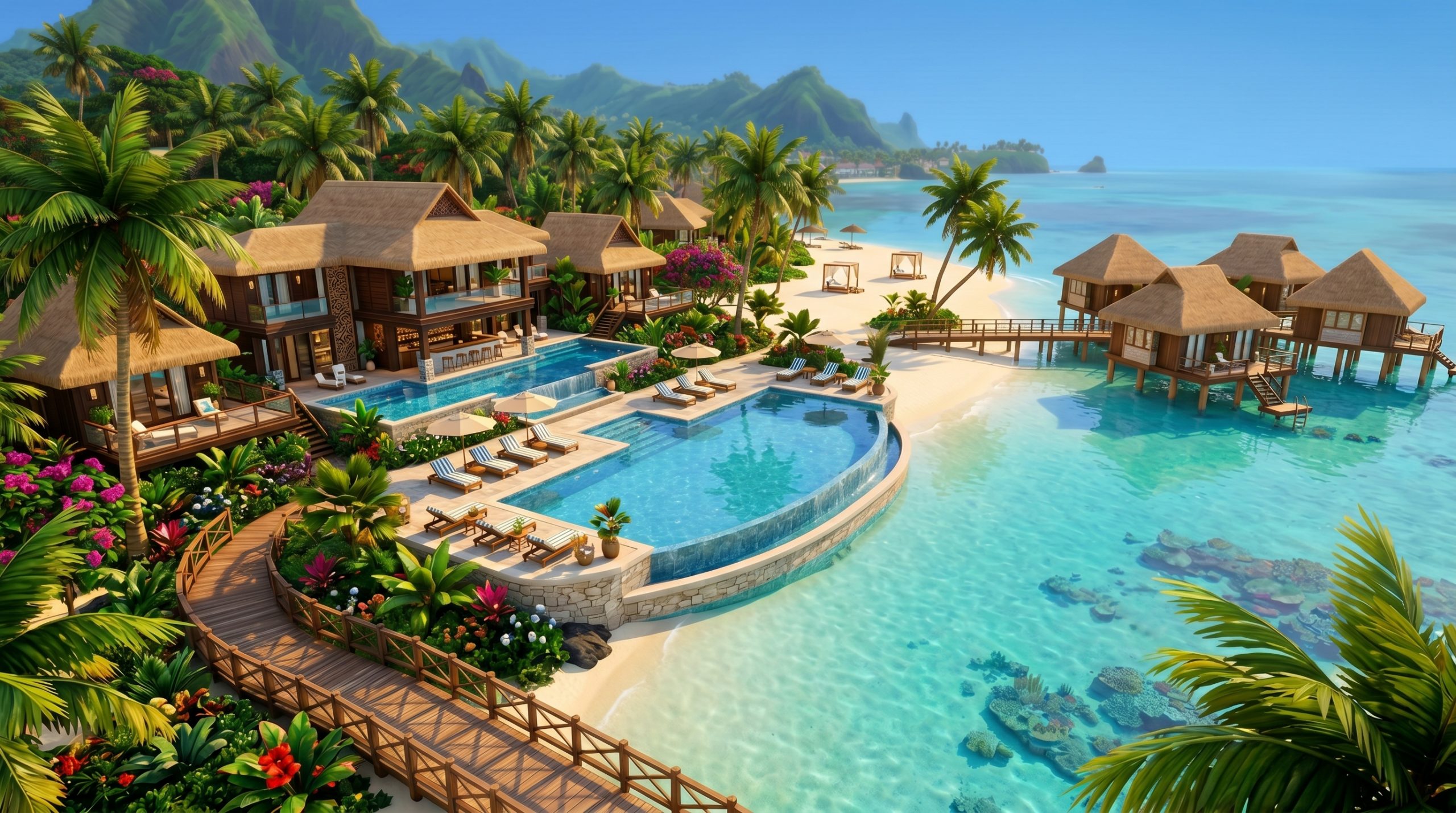 Luxury tropical resort build in Sulani featuring beachfront villas and infinity pools in The Sims 4.