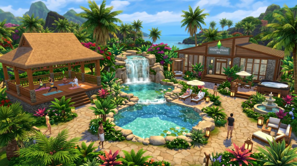 Luxury wellness and spa resort surrounded by tropical gardens in The Sims 4.