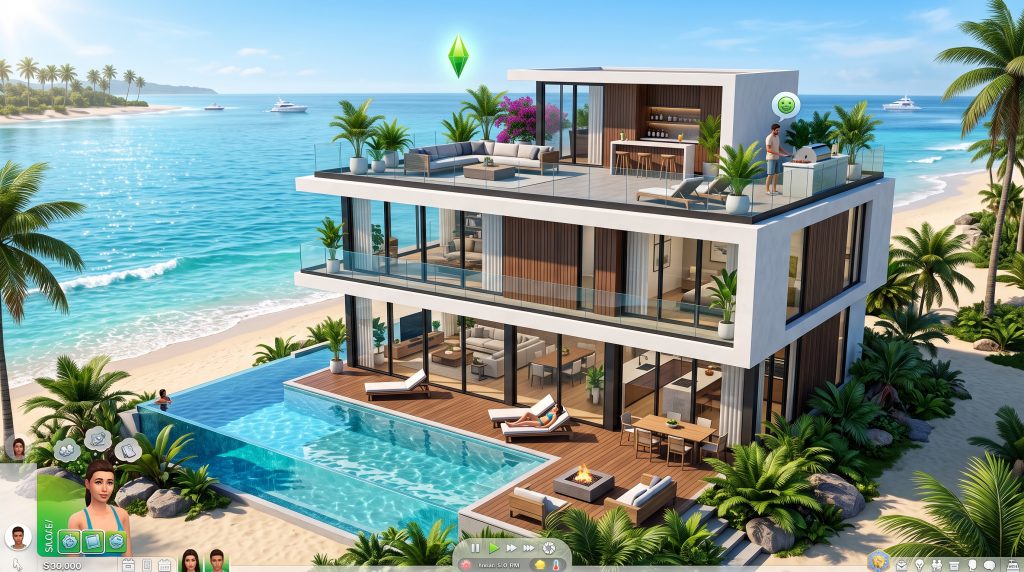 Modern beachfront home with panoramic ocean views in The Sims 4.