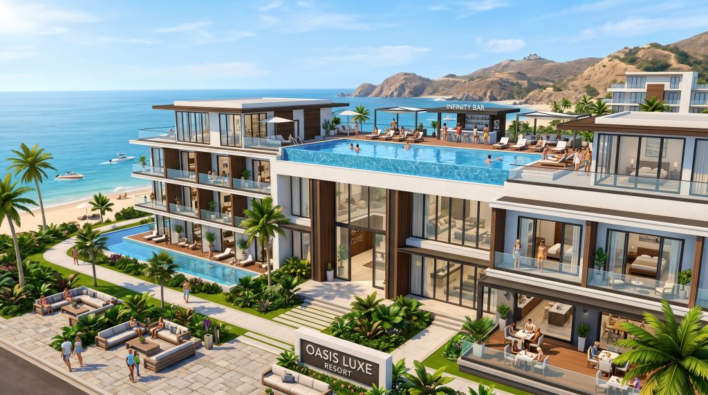 Modern luxury resort with rooftop pools and contemporary architecture in The Sims 4.