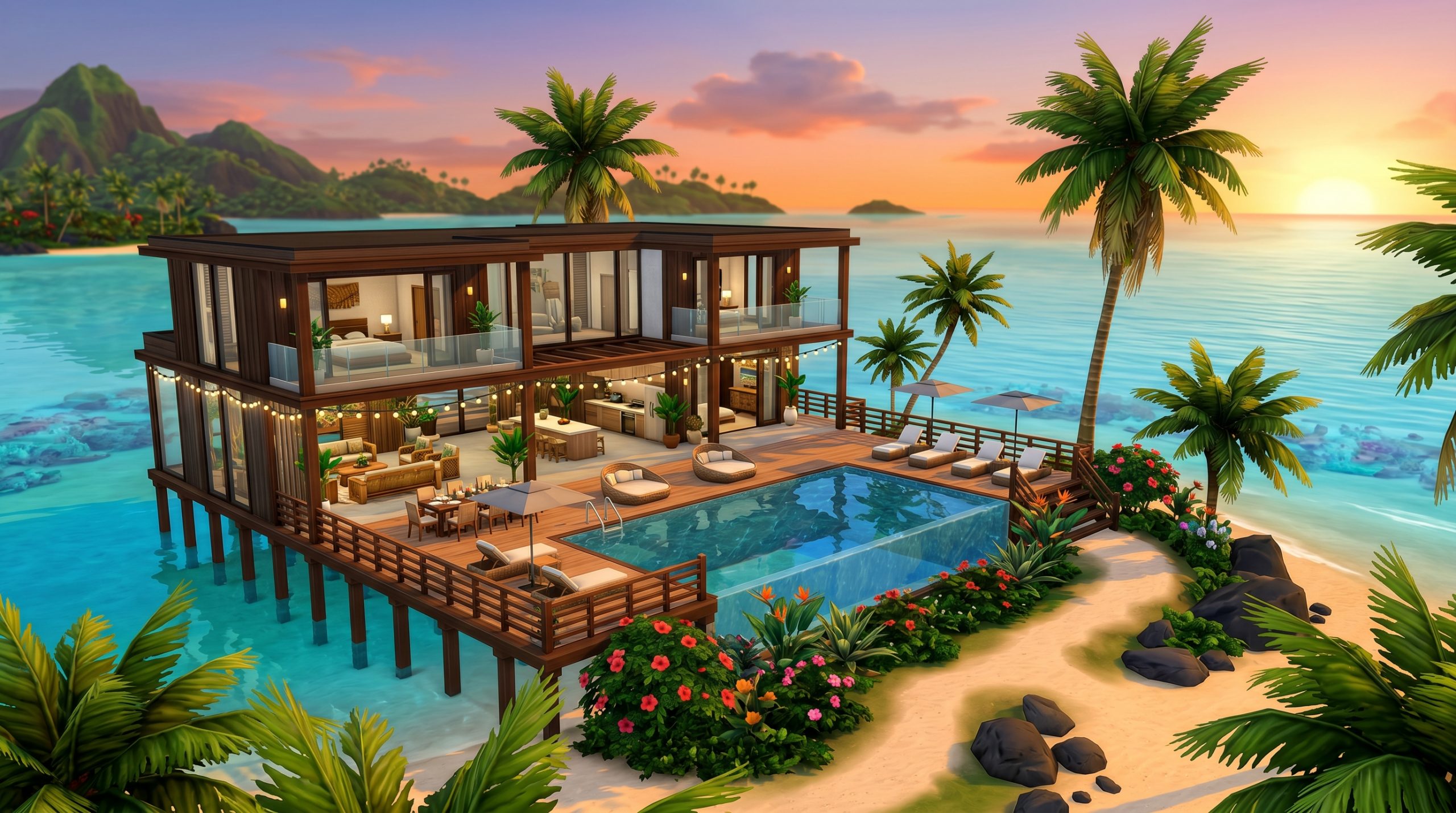 Best tropical villa in Sulani featuring a luxury beachfront mansion with an infinity pool in The Sims 4.