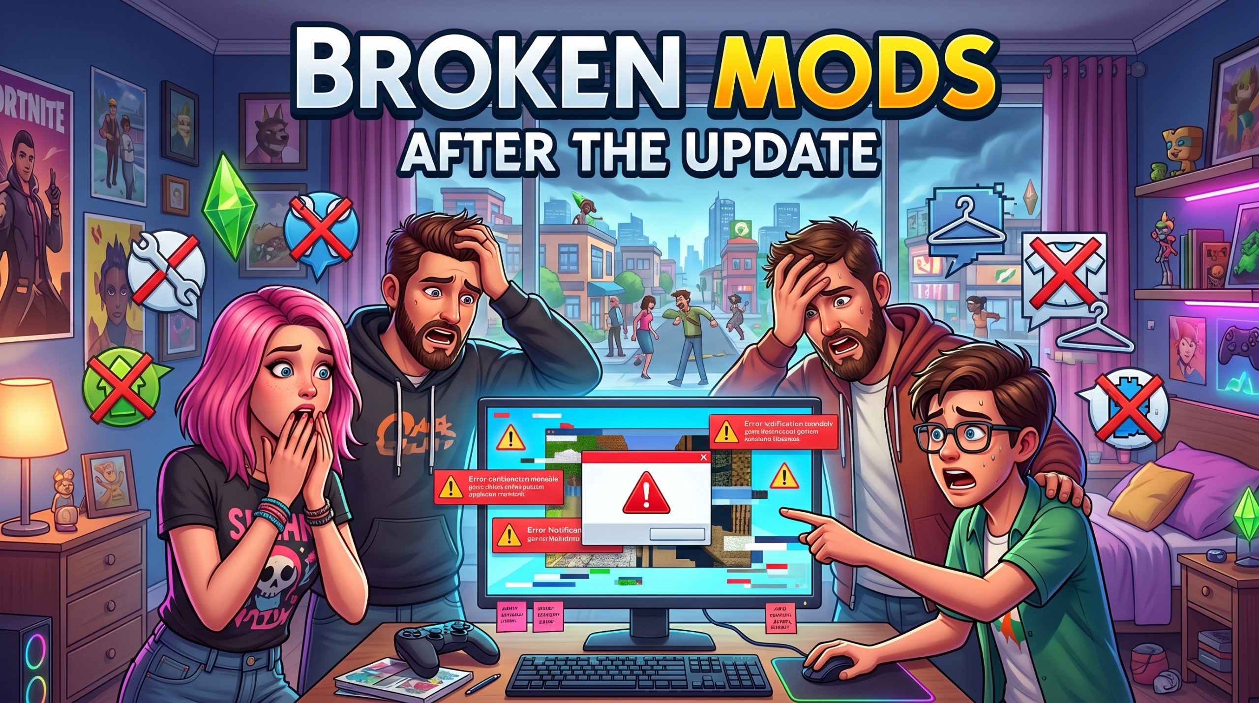 The Sims 4 broken mods list after the latest update showing mod compatibility issues and gameplay errors