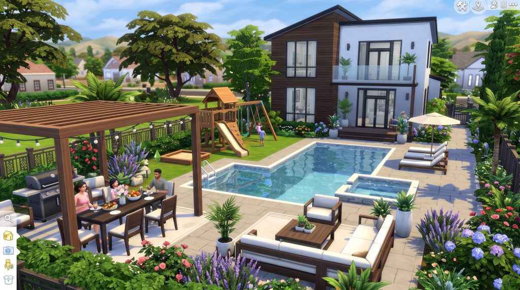 Luxury contemporary family backyard with a swimming pool in The Sims 4.