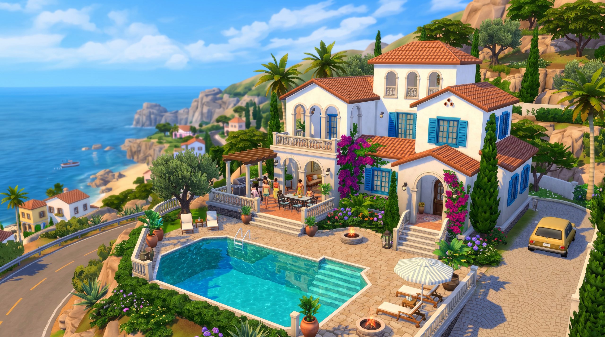 Beautiful luxury Mediterranean villa in The Sims 4 with white stucco walls, terracotta roofs, arches, pool, olive trees, and a sunny coastal setting.
