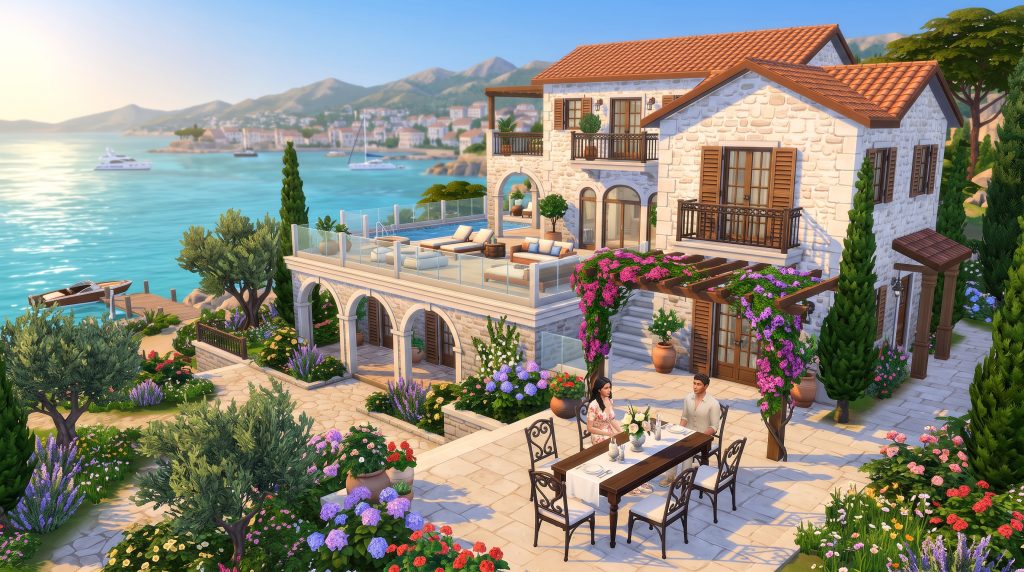 Mediterranean waterfront villa with sea-view terrace in The Sims 4.