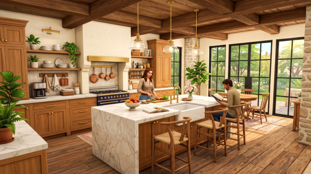 Luxury farmhouse kitchen design in The Sims 4.
