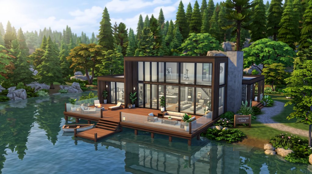 Modern lakefront home with panoramic windows in The Sims 4.
