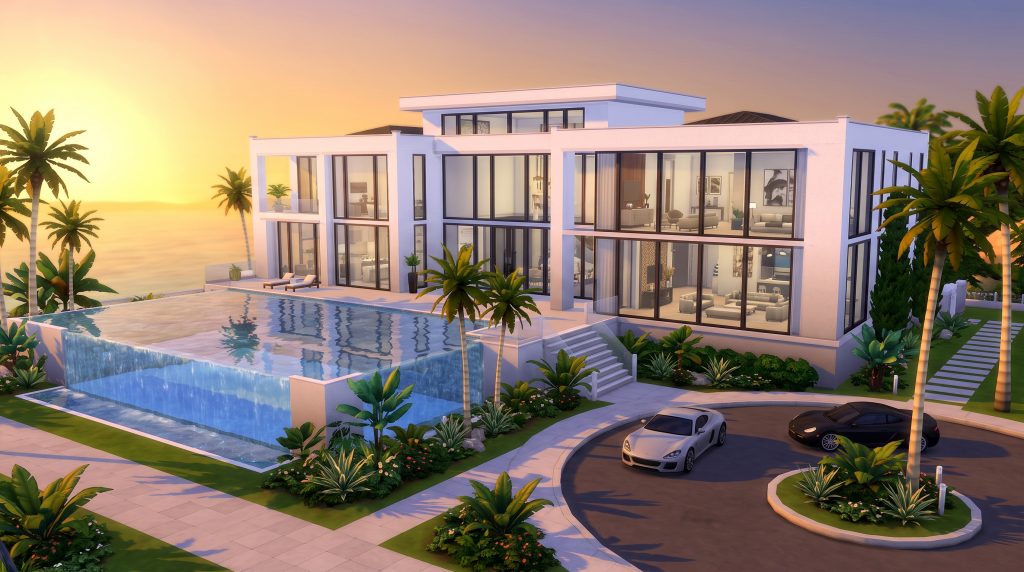 Best Luxury House in The Sims 4 featuring a modern mansion with an infinity pool.