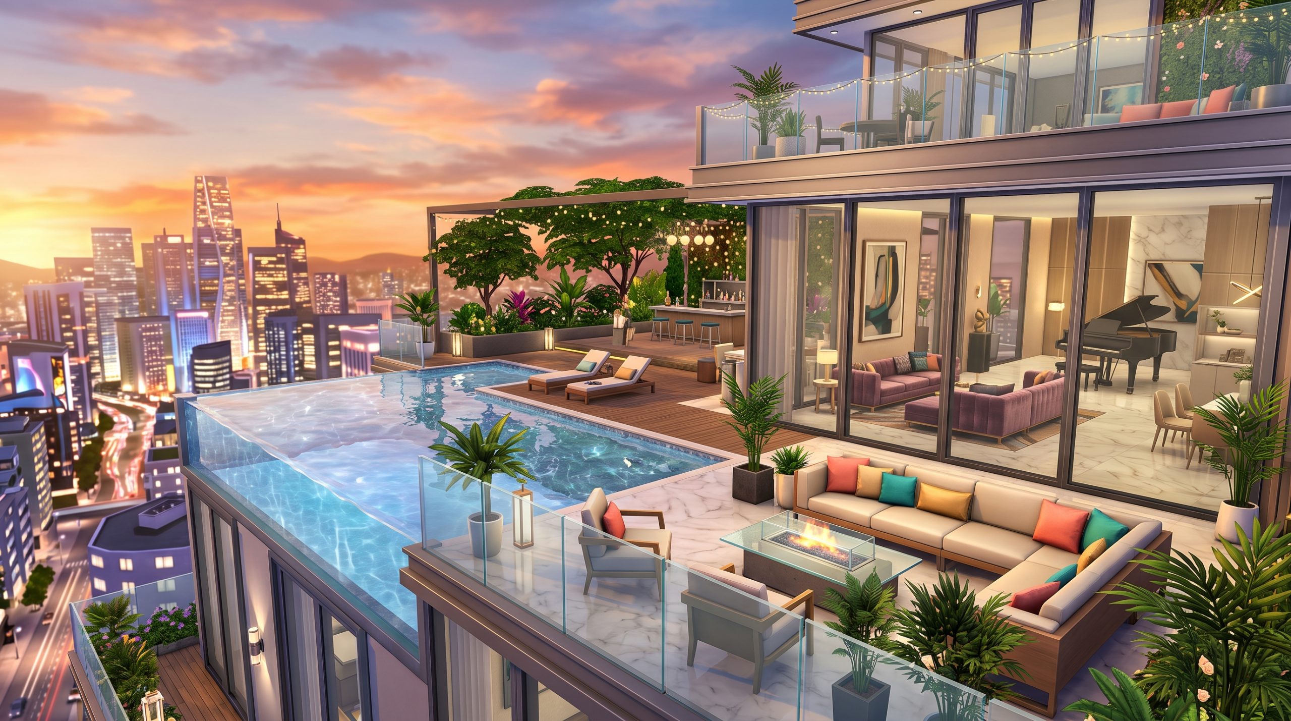 Luxury modern penthouse in The Sims 4 with rooftop infinity pool, panoramic city skyline views, elegant architecture, and designer interiors.