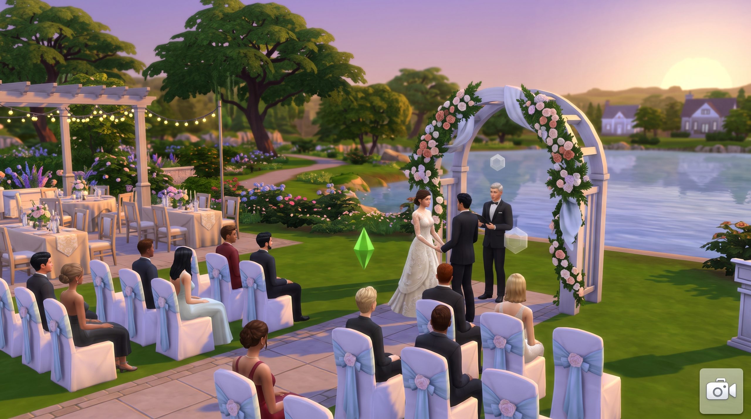 Dream wedding venue in The Sims 4 with an elegant floral ceremony arch, luxury reception area, romantic garden, and beautiful lake views.