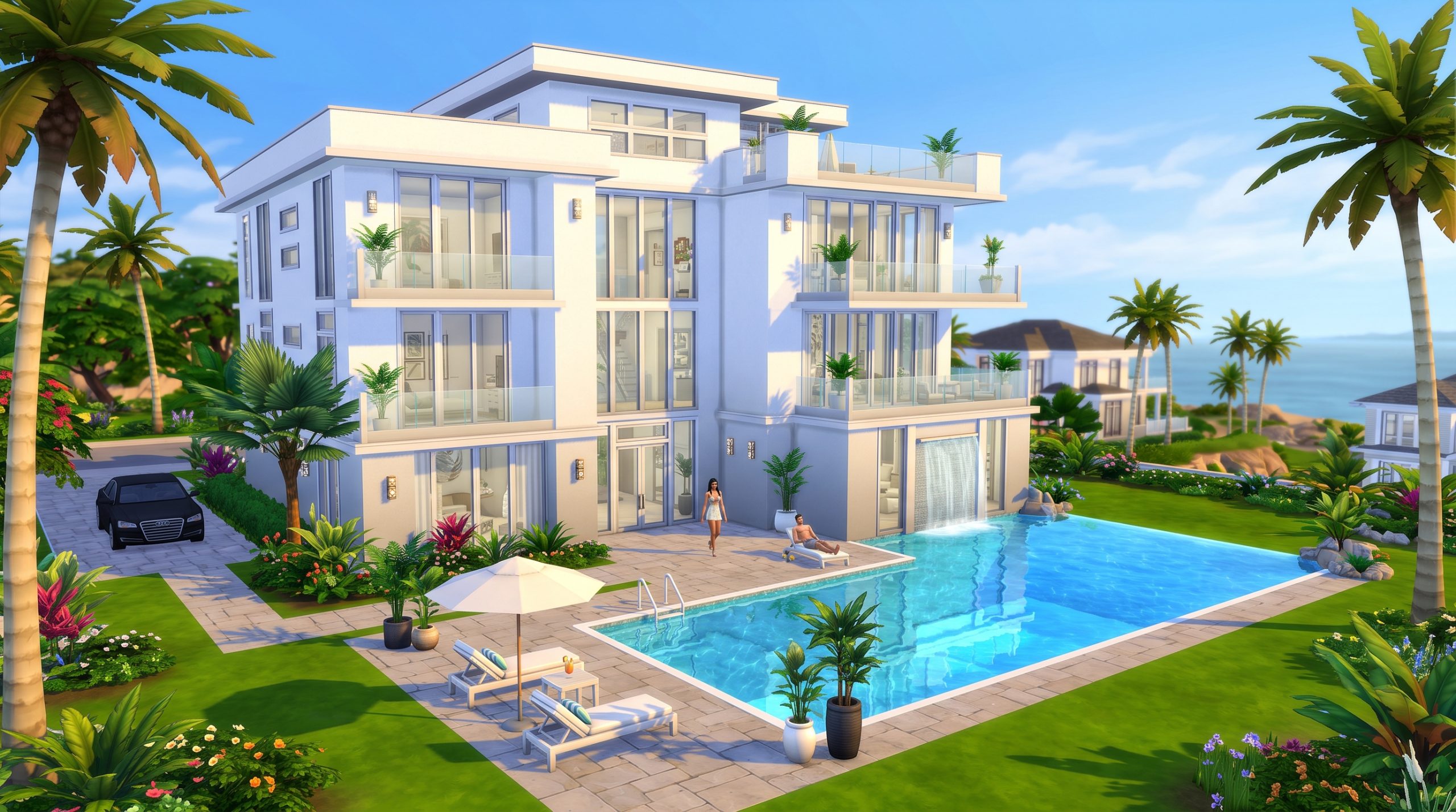 Elegant white luxury mansion with pool in The Sims 4