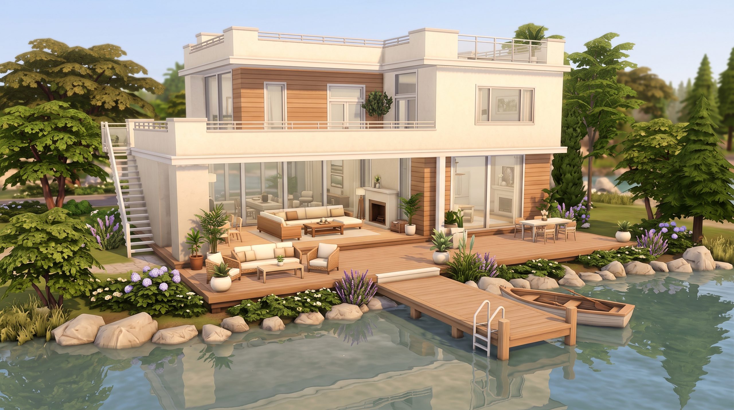 Luxury lake house overlooking the water in The Sims 4.