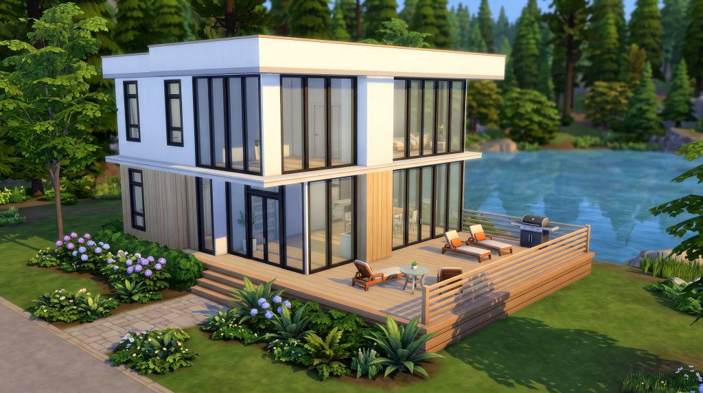 Modern glass lake house with panoramic windows in The Sims 4.