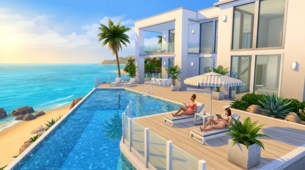 Modern Sims 4 infinity pool overlooking the ocean.