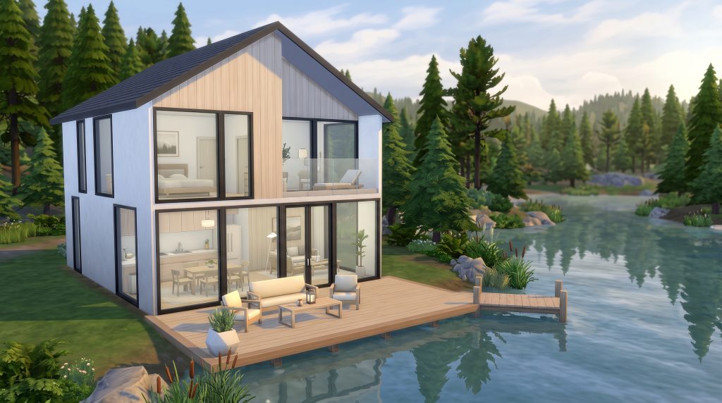 Minimalist Scandinavian lake house in The Sims 4.