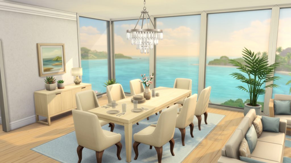 Luxury dining room overlooking the ocean in The Sims 4.
