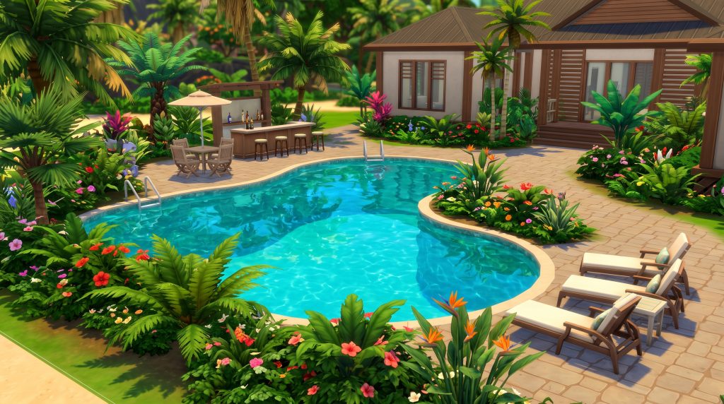 Tropical luxury pool surrounded by plants in The Sims 4.