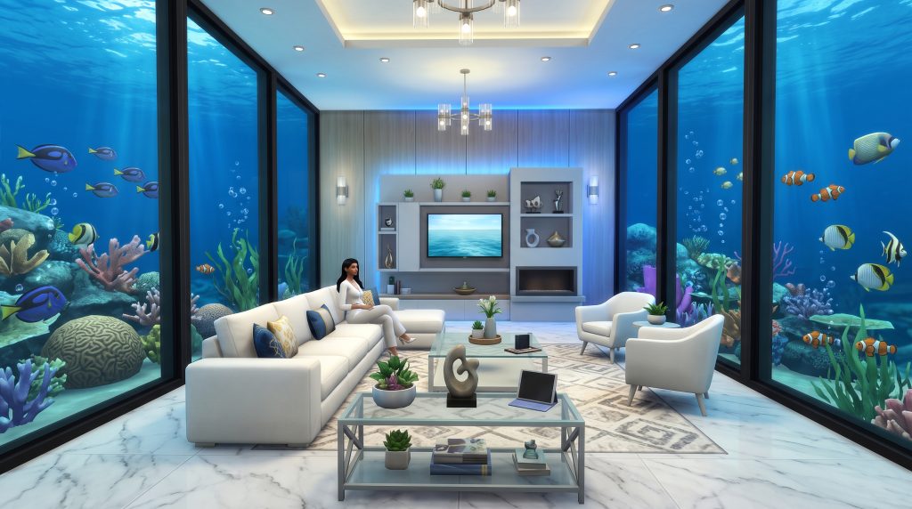 Modern underwater living room in The Sims 4.